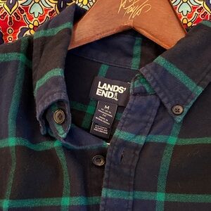 Lands' End Men's Navy and Green Flannel Plaid Shirt